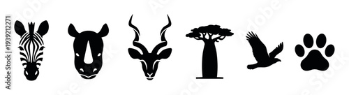 Six black graphic icons of savanna wildlife in a minimalist style, featuring a zebra, rhino, kudu antelope, baobab tree, flying eagle, and a large feline paw print