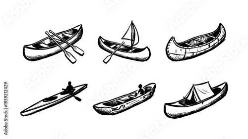 Collection of hand-drawn canoe and kayak illustrations in a black ink sketch style, featuring different boat designs with paddles, sails, and people for adventure concepts