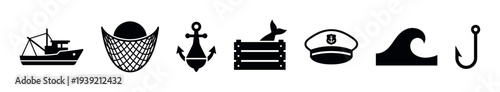Minimalist set of black fishing icons including a boat, net, anchor, fish crate, captain's hat, wave, and hook, presented as simple glyphs for nautical or marine themes
