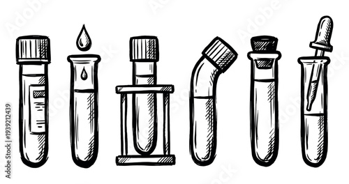 Hand-drawn set of laboratory test tubes in a black and white sketch style, showing various scientific glassware for experiments, research, and medical analysis with a pipette and liquid