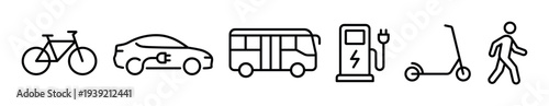Set of black line icons representing various urban transportation methods like a bicycle, electric car, bus, charging station, scooter, and a walking pedestrian symbol
