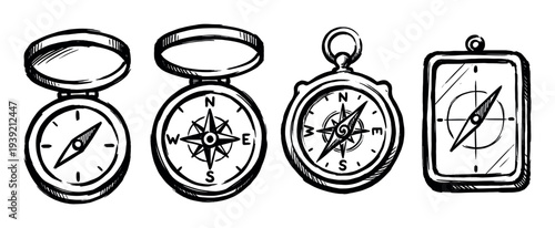 Set of four hand-drawn compasses in a black and white sketch style, showing different designs for navigation, travel, and adventure concepts in a simple doodle illustration