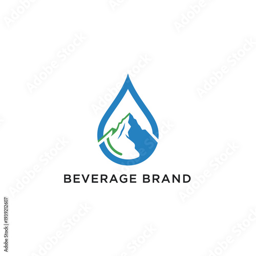 Blue and green mountain water drop logo for refreshing beverage brand identity v