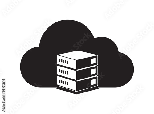 Cloud server storage silhouette with stacked data servers inside cloud computing infrastructure concept