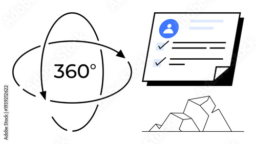 360-degree rotation graphic next to a detailed user profile card with checklist items and an abstract geometric polygon. Ideal for data analysis, user insights, performance reviews, comprehensive