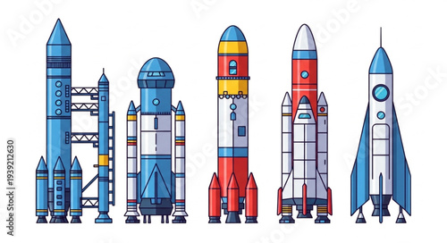 Collection of colorful cartoon rockets and space launch vehicles.