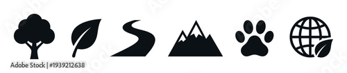 Set of six black nature icons including a tree, leaf, winding road, mountain, animal paw, and eco globe, representing environment, travel, and ecology concepts