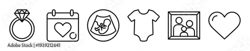 Set of black line art icons representing family life stages including engagement, pregnancy, and parenthood with symbols like a ring, ultrasound, and portrait