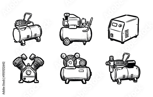 Collection of six hand-drawn air compressors and industrial power tools in a black and white sketch style, illustrating various mechanical equipment for a workshop