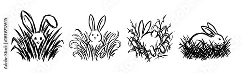 Set of four hand-drawn rabbit illustrations hiding in tall grass, created in a minimalist black ink brush stroke style with expressive, sketchy lines for a cute design