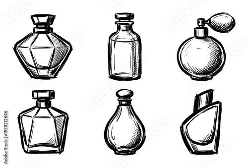 Collection of six hand-drawn perfume bottles in various shapes, rendered in a black and white ink sketch style with expressive, artistic brush strokes and cross-hatching details