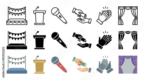 Set of graduation and award ceremony icons featuring a stage, podium, microphone, diploma, and applause, illustrated in outline, solid black glyph, and flat color styles