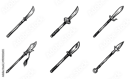 Set of six hand-drawn Asian polearms with various blade designs in a black and white ink sketch illustration style, representing historical or fantasy combat weaponry