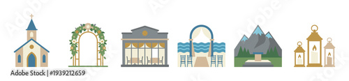 Set of flat wedding venue icons including a church, floral arch, restaurant, beach ceremony, mountain location, and decorative lanterns for event planning illustrations