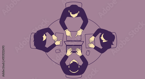 Four People Sitting Around Table Top View.