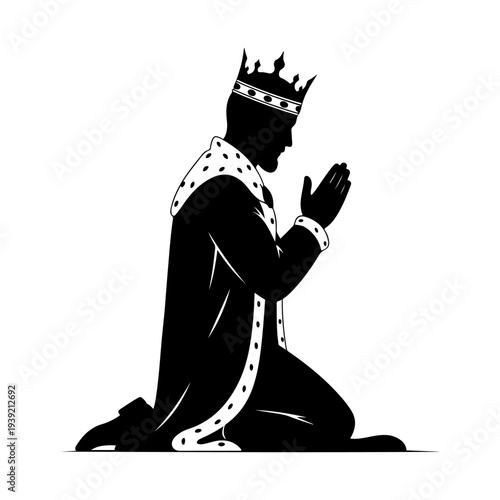 Silhouette of a King Kneeling in Prayer Wearing a Crown.