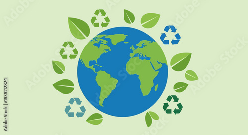 Globe Surrounded by Leaves and Recycling Symbols.