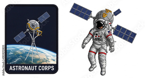 Astronaut Corps emblem and astronaut floating in space.