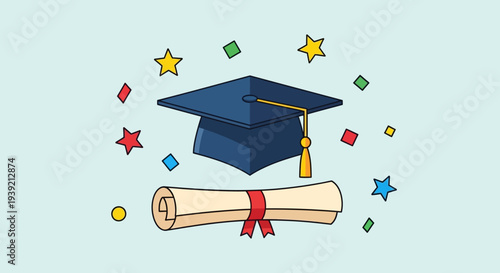 Graduation Cap and Diploma Cartoon Illustration.
