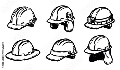 Six different industrial safety hard hats hand-drawn in a black and white ink sketch style, including a helmet with earmuffs, a miner's lamp, a full brim, and a neck shade
