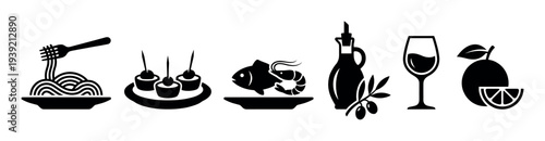 Set of black silhouette food icons for restaurant menus, featuring pasta, seafood, appetizers, olive oil, wine, and citrus fruit in a minimalist graphic style