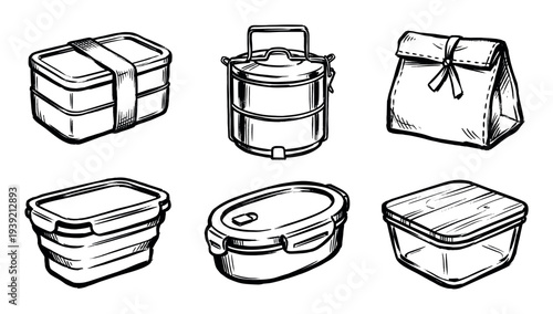 Set of hand-drawn lunch boxes and food containers in a black and white ink sketch style, including bento, tiffin, and reusable plastic boxes for meals on the go