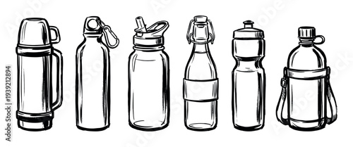 Collection of various reusable water bottles and thermos flasks in a hand-drawn ink sketch style, showing different types of containers for hydration during sport and travel