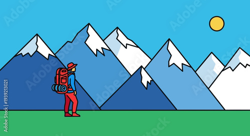 Hiker with Backpack Standing in Mountains.