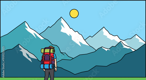Hiker with Backpack Standing in Front of Mountains.