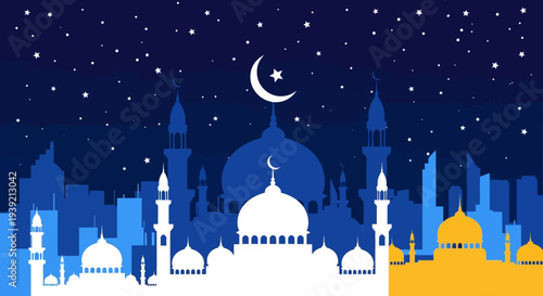 Islamic Mosque Cityscape with Crescent Moon.
