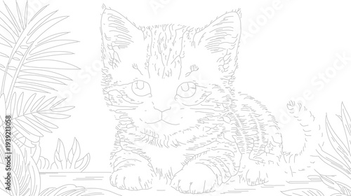 Kitten illustration with tropical leaves