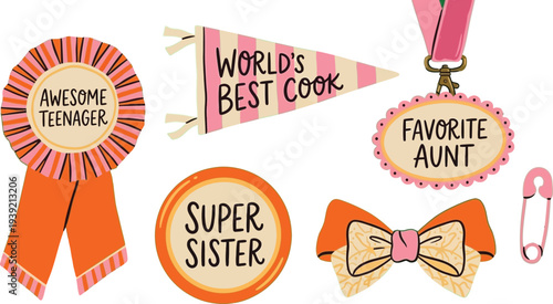 A vibrant collection of awards and badges celebrating family members and awesome teenagers