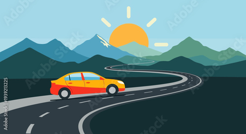 Orange Car Driving on Winding Road.