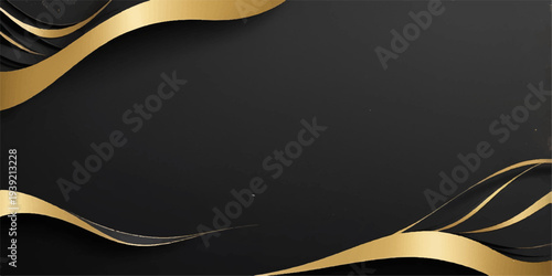 Elegant black leather texture background featuring a luxury gold ribbon wave and curved metal line pattern for business card or web banner design template