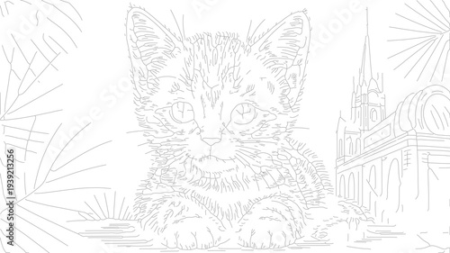 Kitten illustration with tropical leaves and building