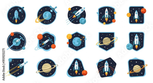 Collection of cartoon space rockets and planets icons.