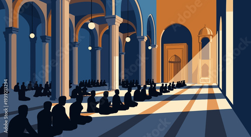 People Praying in Mosque Interior.