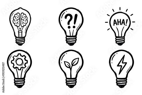Set of six hand-drawn lightbulb icons representing concepts like brainstorming, problem-solving, aha moments, process, green energy, and power in a simple doodle sketch style