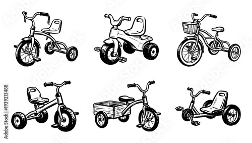Set of six children's tricycles in a hand-drawn black and white ink sketch style showing various retro models with different designs like a basket and a wooden cargo box