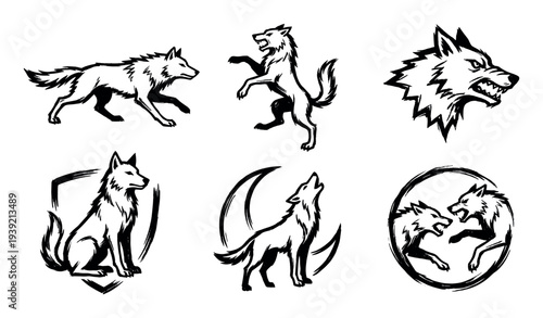 Set of six black ink wolf illustrations in a dynamic brushstroke style showing various poses like running, howling, and fighting for a powerful mascot or emblem design
