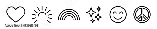 Set of six black line art icons including a heart, sun, rainbow, stars, smiley face, and peace sign in a simple, hand-drawn doodle style representing positivity and happiness