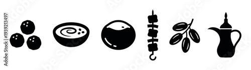 Set of black silhouette icons representing Middle Eastern food and drink, including falafel, hummus, kebab, dates, and a traditional dallah coffee pot in a simple graphic style