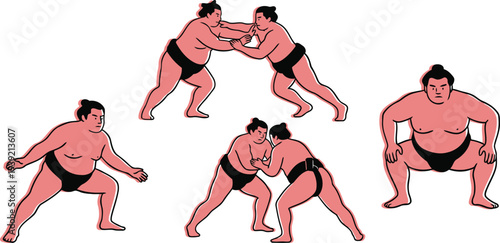 A collection of powerful sumo wrestlers engaging in traditional Japanese wrestling poses and action