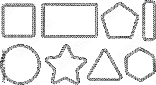 Hand Drawn Nautical Rope Frame Border Shapes Collection with Square Rectangle Circle Star Triangle and Pentagon Decorative Marine Knot Outline Vector Set.