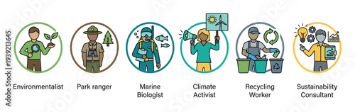 Set of six colorful line art icons representing various environmental professions like a park ranger, marine biologist, and activist for sustainability and conservation concepts