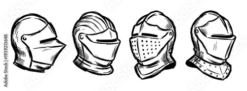 Four different medieval knight helmets drawn in a black and white sketchy ink style, showcasing a collection of historical warrior headgear and ancient protective armor