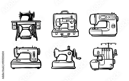 Collection of six hand-drawn sewing machines showing the evolution from vintage treadle to modern electric and serger models, illustrated in a simple black ink sketch style