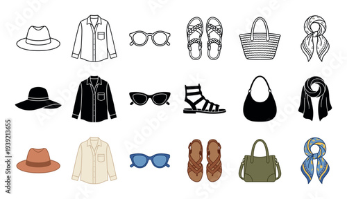 Women's summer fashion and accessories icon set featuring a hat, shirt, sunglasses, sandals, bag, and scarf in line art, silhouette, and color