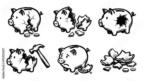 Set of six broken piggy bank illustrations in a hand-drawn sketch style, showing financial crisis concepts like cracking, being shattered by a hammer, and losing coins