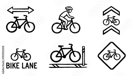 Set of black hand-drawn bicycle lane icons showing a cyclist, road signs, and path markings for urban transportation, illustrated in a simple, minimalist brush stroke style